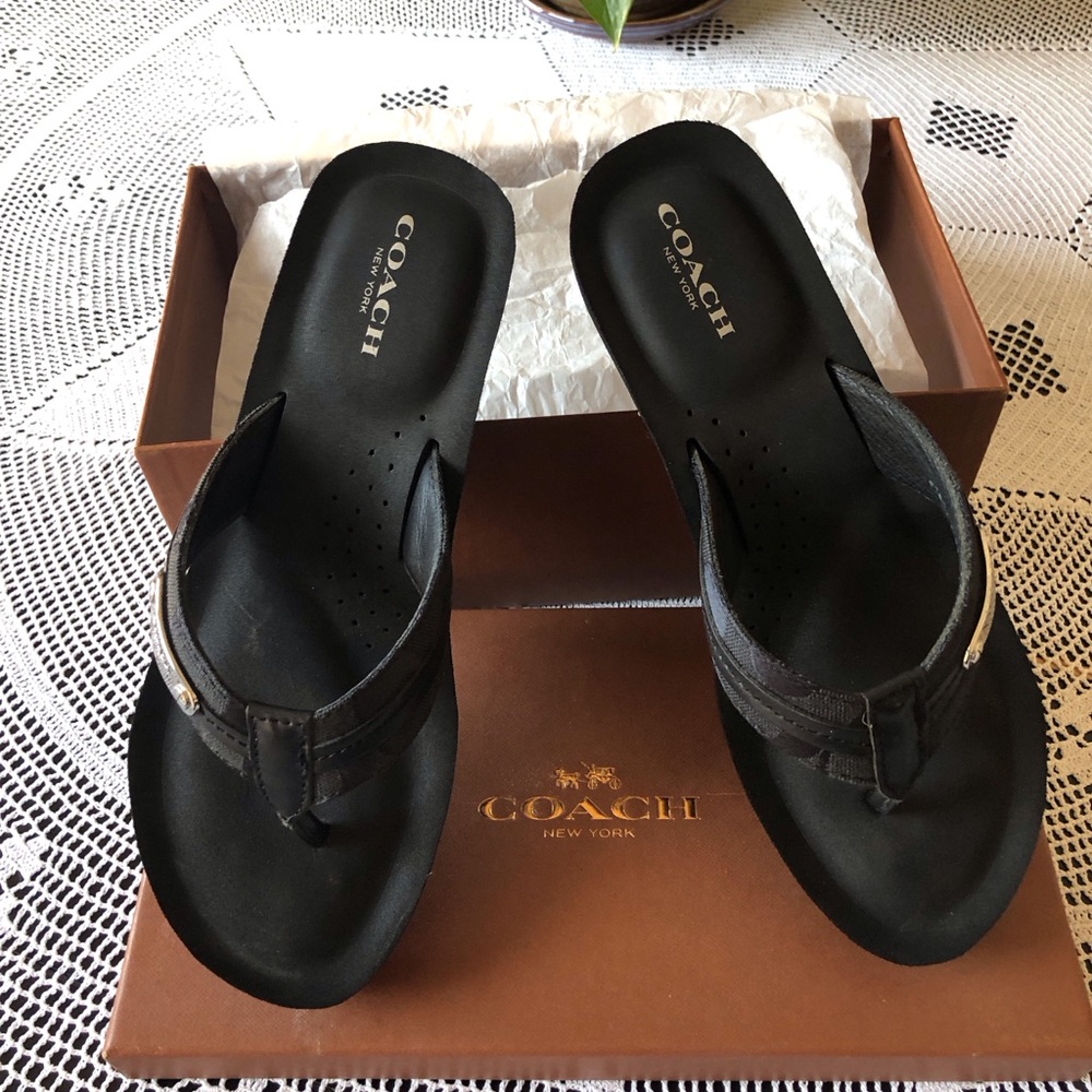 Coach Jaden Wedge Thong Sandals in Leather Trim and Signature Jacquard logo